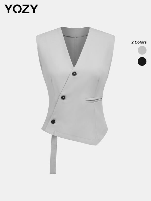 YOZY [2 colors, size 4-14] Asymmetrical Hem Vest Blazer, Commuter Fashion Solid V Neck Button Front Sleeveless Suit Vest, 2024 Women's Daily Wear for All Seasons, [S-XXL]