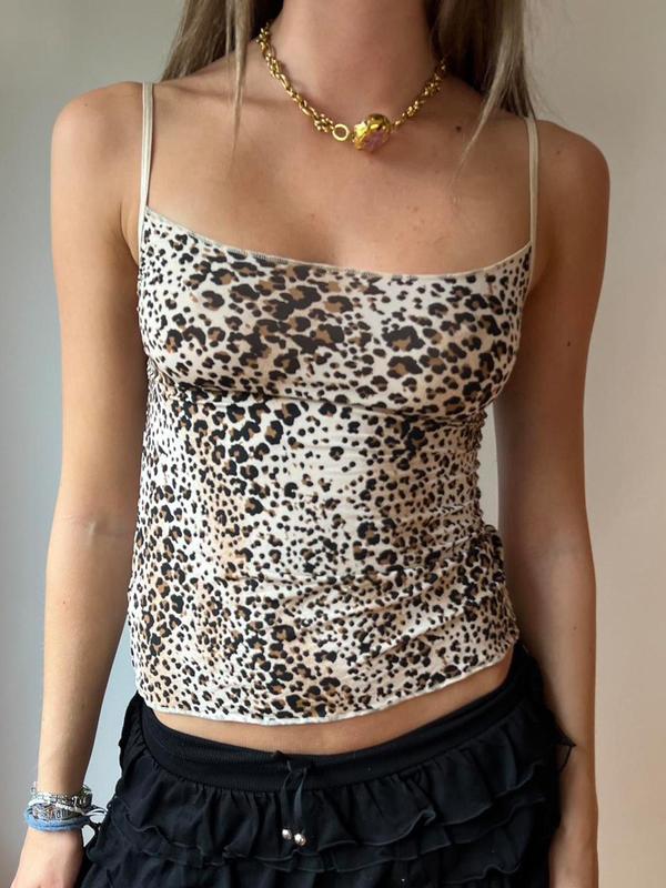 Women's Leopard Print Cami Top, Casual Sleeveless Spaghetti Strap Top for Summer, Fashion Women's Top for Daily Wear