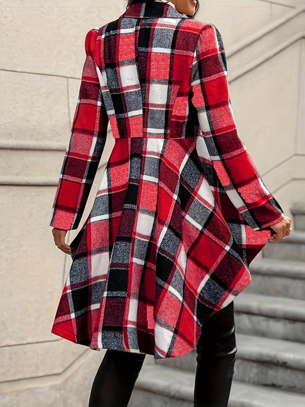 Women's Plaid Print Button High Low Hem Jacket, Casual Long Sleeve Lapel Neck Open Front Outerwear for Fall & Winter, Ladies Clothes for Daily Wear