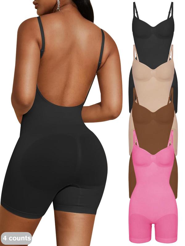 Women's Solid Backless Adjustable Strap Shapewear Bodysuit, Tummy Control Butt Lifting Seamless Shaper, Women's Shapewear for All Seasons, Fall Wear, Earthtone Fallfreshness