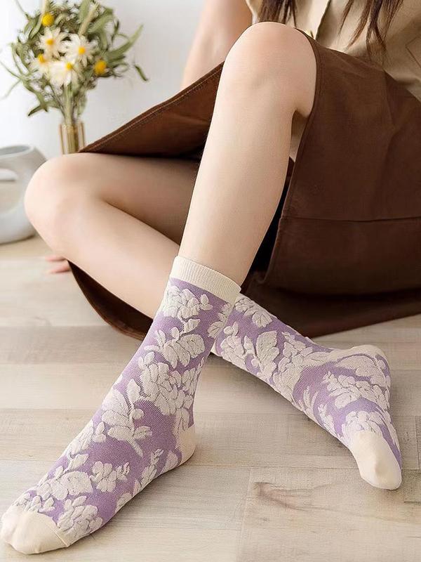 Women's 5 Pairs Floral Jacquard Crew Socks, Fashionable Vintage Cozy Socks for Daily Wear, Women Socks for All Seasons