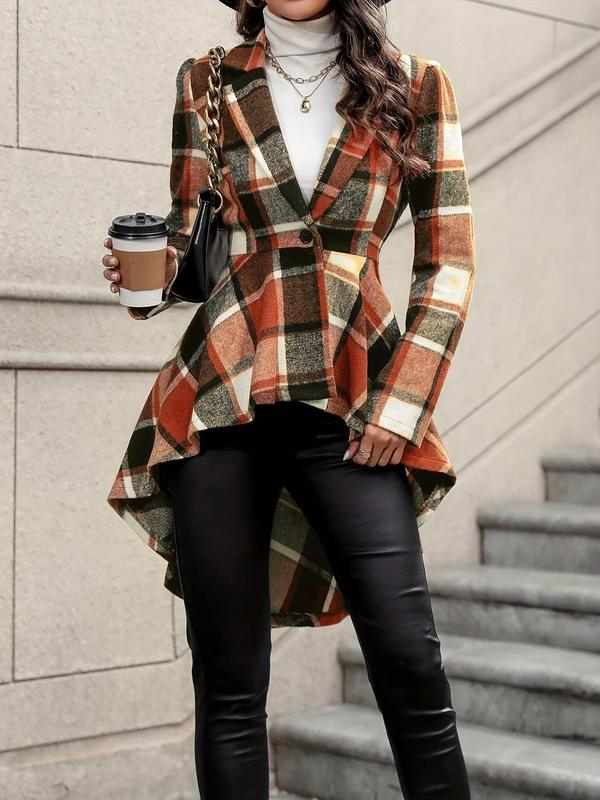 Women's Plaid Print Button High Low Hem Jacket, Casual Long Sleeve Lapel Neck Open Front Outerwear for Fall & Winter, Ladies Clothes for Daily Wear