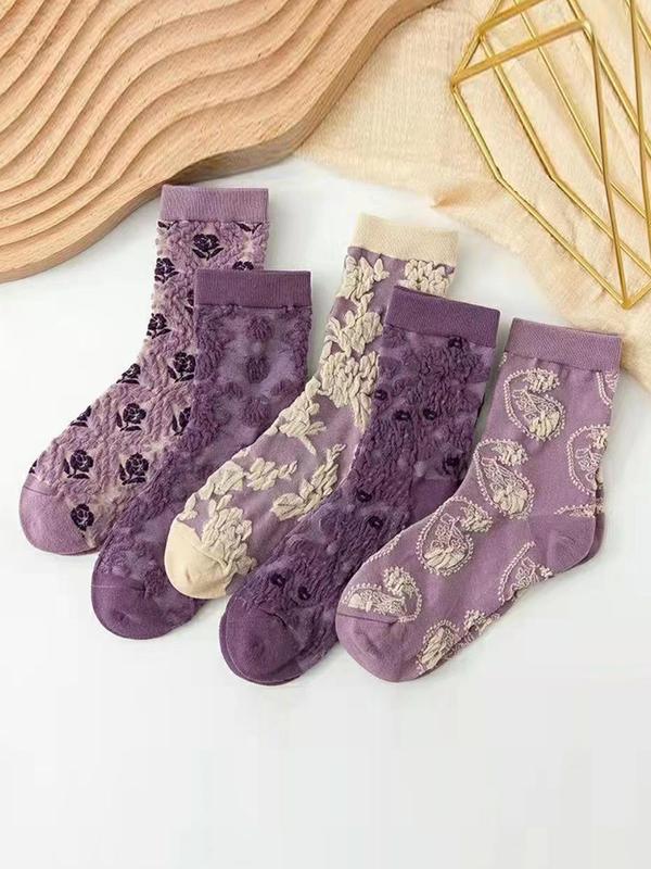 Women's 5 Pairs Floral Jacquard Crew Socks, Fashionable Vintage Cozy Socks for Daily Wear, Women Socks for All Seasons