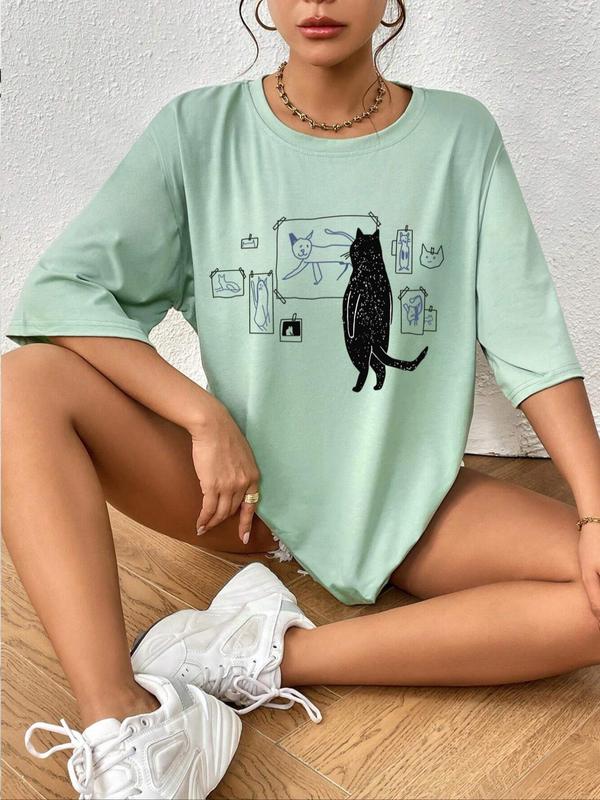 Women's Cartoon Cat Print Drop Shoulder Tee, Casual Half Sleeve Round Neck T-shirt, Vintage Graphic Tees, Summer Clothes Women, Graphic Tees, Ladies Clothing for Daily Wear