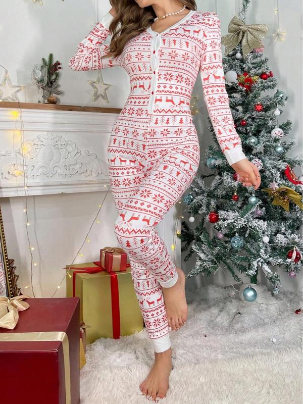 Women's All Over Christmas Print Button Front Onesie, Casual Comfy Long Sleeve V Neck Sleepwear for Fall & Winter, Lady's Sleepwear for Indoor Wear