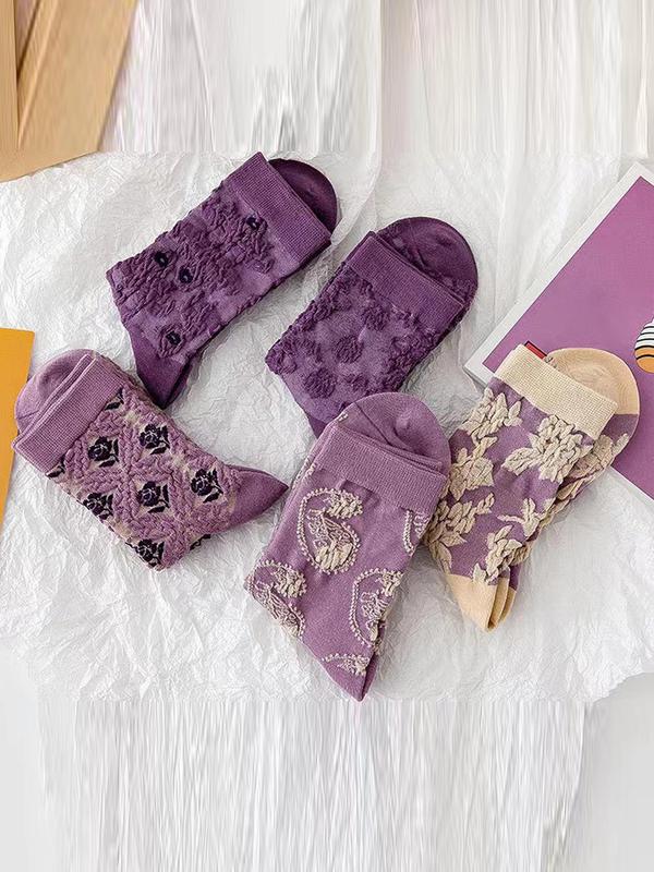 Women's 5 Pairs Floral Jacquard Crew Socks, Fashionable Vintage Cozy Socks for Daily Wear, Women Socks for All Seasons