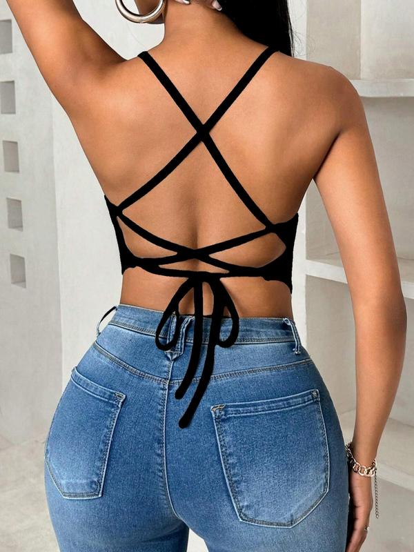 Women's Plain Lace Up Backless Asymmetrical Hem Cami Top, Casual Sleeveless V Neck Top for Summer, Ladies 90s Clothes for Daily Wear