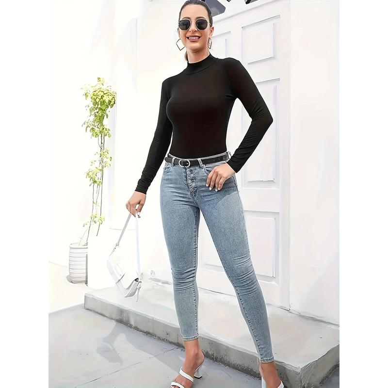 Solid Mock Neck Bodysuit, Casual Long Sleeve Slim Bodysuit, Women's Clothing Fabric Sexy bodysuit chevron  bodysuit