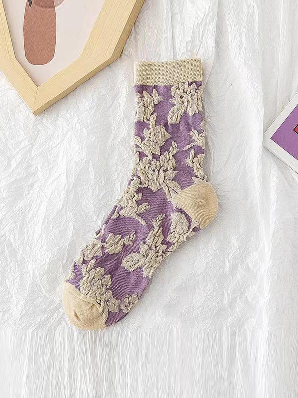 Women's 5 Pairs Floral Jacquard Crew Socks, Fashionable Vintage Cozy Socks for Daily Wear, Women Socks for All Seasons