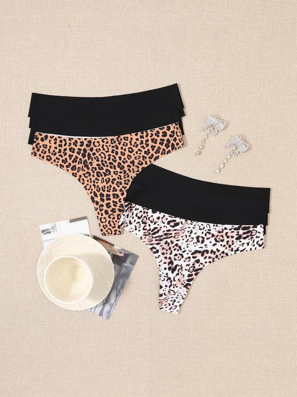 Women's 8 Counts Solid Color Leopard Print Thong, Soft Comfy Breathable Seamless Panty for Daily Wear, Knicker Underwear for All Seasons