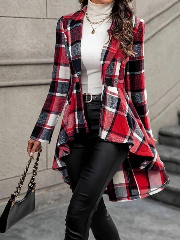 Women's Plaid Print Button High Low Hem Jacket, Casual Long Sleeve Lapel Neck Open Front Outerwear for Fall & Winter, Ladies Clothes for Daily Wear