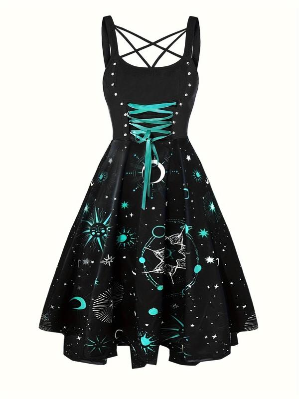 Women's Galaxy Print Lace Up Criss Cross A Line Dress, Punk Fashion Scoop Neck Sleeveless Dress for Party Holiday, Ladies All Seasons Clothes