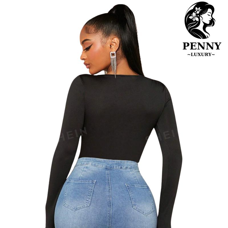 Women's Bodysuit - Sleek Long Sleeve Bodycon with Square Neck, Sheath Crotch Detail - Available in Black, White, Grey, Brown - Chic, Comfortable, and Ideal for Everyday or Special Occasions Fit Womenswear Underwear