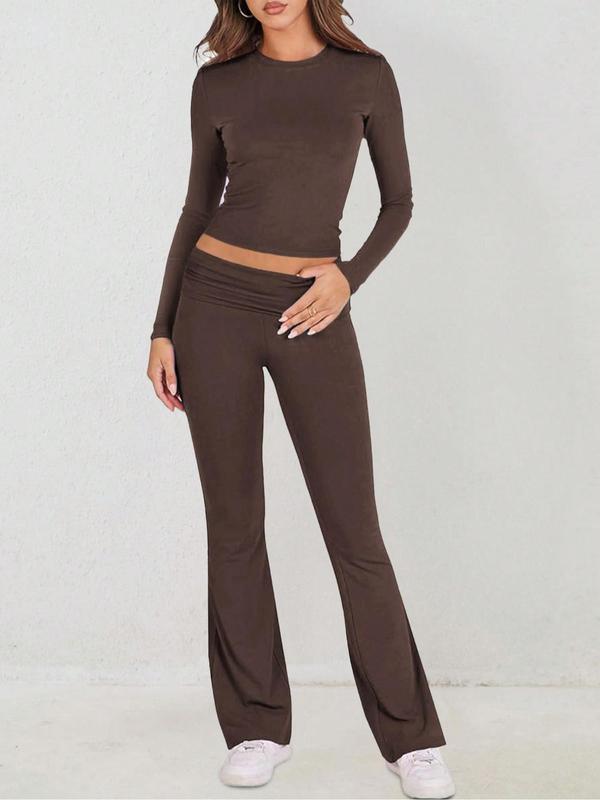 Women's Solid Long Sleeve Crop Top & Flare Leg Pants Two-piece Set, Casual Fashion Cozy Round Neck Top & Bell Bottom Trousers for Daily Outdoor Wear, Ladies Clothes for All Seasons