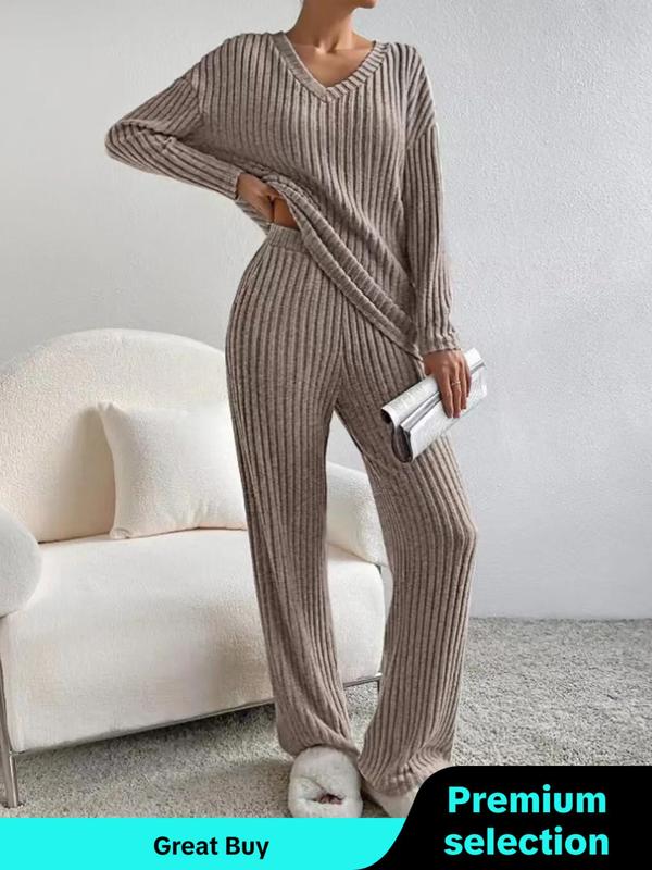 @shopwithjulie Collection Women's Solid Drop Shoulder Pocket Lounge Set, Casual High Stretch Relaxed Fit Long Sleeve V Neck Top & Straight Leg Pants Two-piece Set, Women Nightwear, Machine Washable, Pj Sets for Women, Women's Sleepwear for Spring