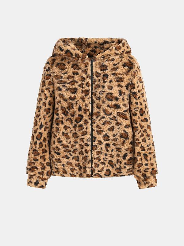 YOZY Women's Leopard Print Pocket Zip Up Fleece Jacket, Casual Long Sleeve Drop Shoulder Outerwear for Fall & Winter, Women's Clothes for Daily Wear