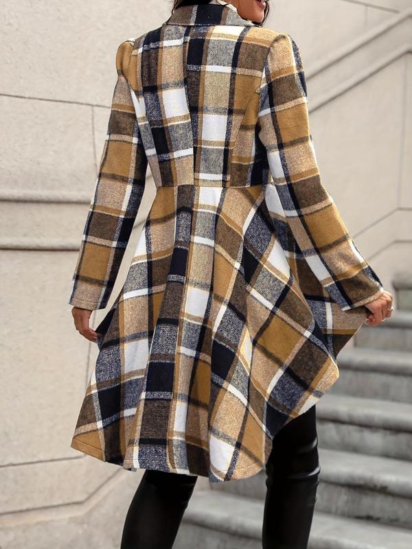 Women's Plaid Print Button High Low Hem Jacket, Casual Long Sleeve Lapel Neck Open Front Outerwear for Fall & Winter, Ladies Clothes for Daily Wear