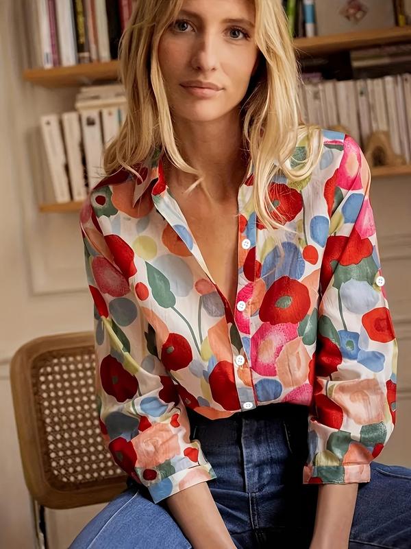 Women's All Over Floral Print Button Front Blouse, Boho Fashion Long Sleeve Collared Shirt for Daily Wear, Women's Clothing