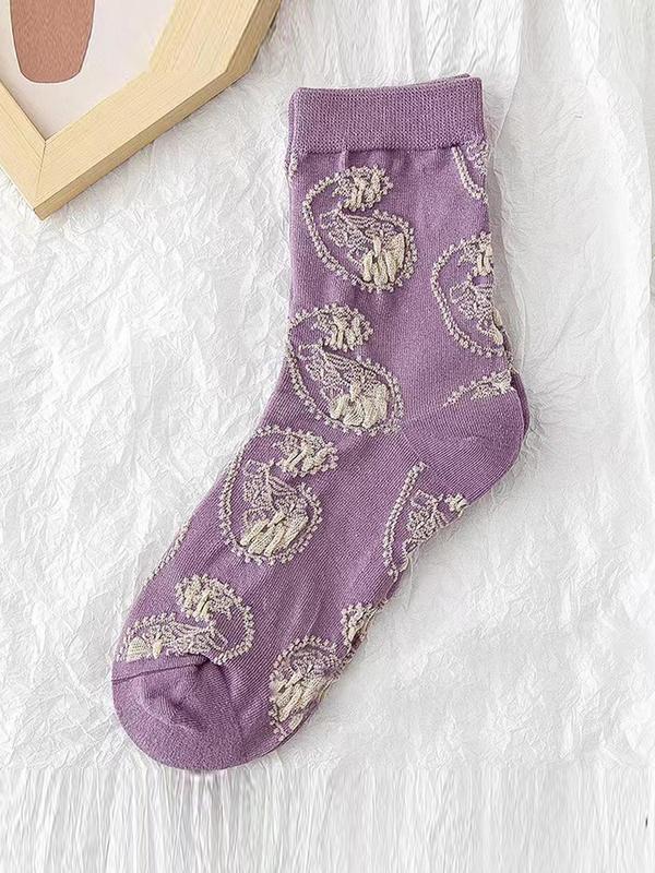 Women's 5 Pairs Floral Jacquard Crew Socks, Fashionable Vintage Cozy Socks for Daily Wear, Women Socks for All Seasons