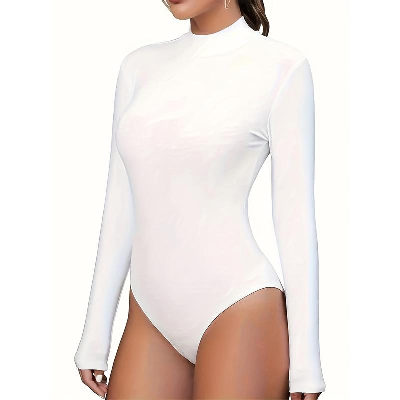 Solid Mock Neck Bodysuit, Casual Long Sleeve Slim Bodysuit, Women's Clothing Fabric Sexy bodysuit chevron  bodysuit