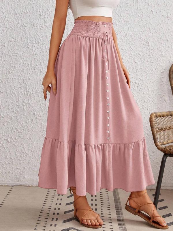 Women's Plain Paper Bag Waist Shirred Ruffle Hem A Line Skirt, Boho Fashion Button Bow Decor High Waist Long Skirt for Daily Holiday Vacation Wear, Ladies Bottoms for Summer