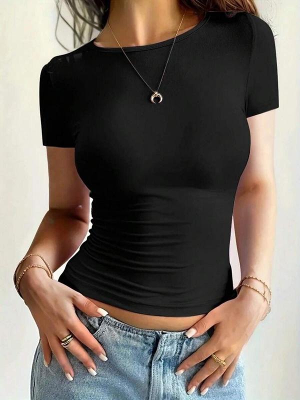 Women's Plain Round Neck Tee, Casual Short Sleeve Crew Neck T-shirt for Daily Wear, Ladies Clothes for Summer, Black Girl Outfits