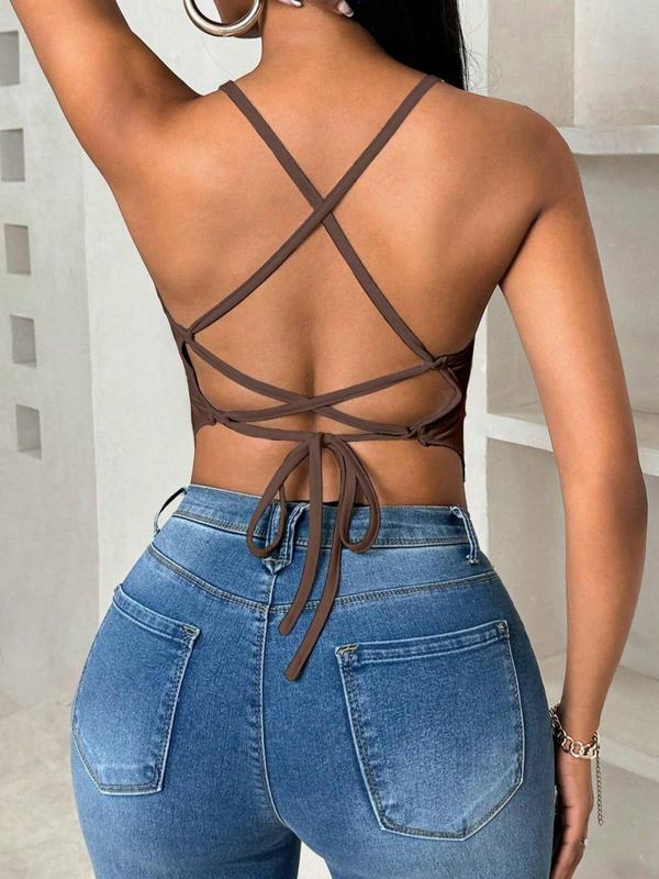 Women's Plain Lace Up Backless Asymmetrical Hem Cami Top, Casual Sleeveless V Neck Top for Summer, Ladies 90s Clothes for Daily Wear