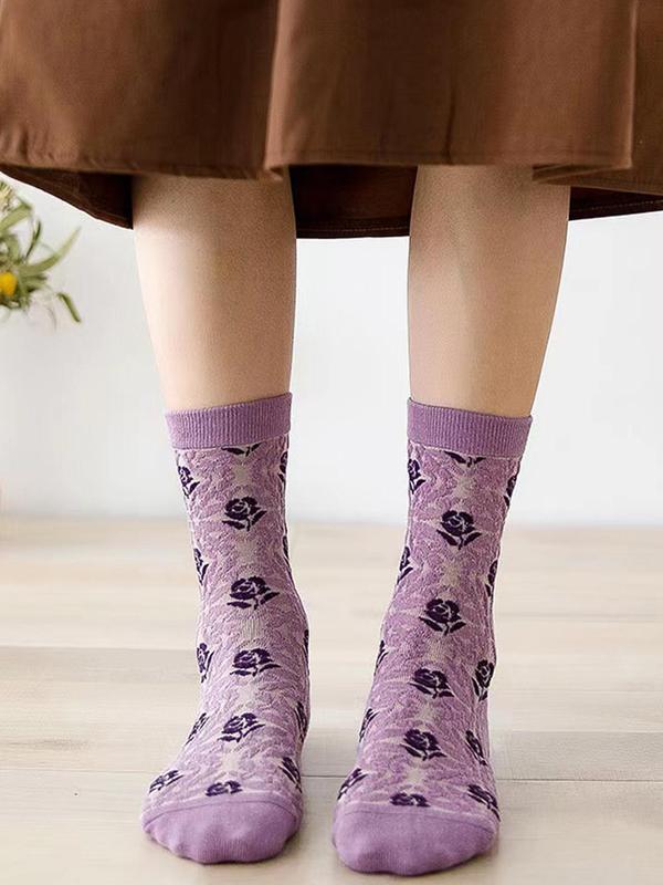 Women's 5 Pairs Floral Jacquard Crew Socks, Fashionable Vintage Cozy Socks for Daily Wear, Women Socks for All Seasons