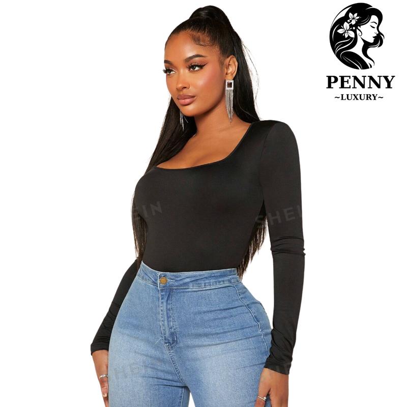 Women's Bodysuit - Sleek Long Sleeve Bodycon with Square Neck, Sheath Crotch Detail - Available in Black, White, Grey, Brown - Chic, Comfortable, and Ideal for Everyday or Special Occasions Fit Womenswear Underwear