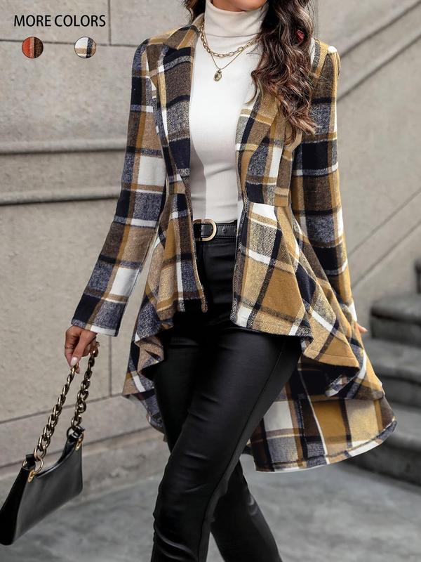 Women's Plaid Print Button High Low Hem Jacket, Casual Long Sleeve Lapel Neck Open Front Outerwear for Fall & Winter, Ladies Clothes for Daily Wear