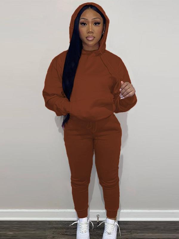 Women's Solid Drawstring Pocket Hoodie & Sweatpants Set, Casual Long Sleeve Hooded Sweatshirt & Jogger Pants, Women's Spring & Fall Clothes