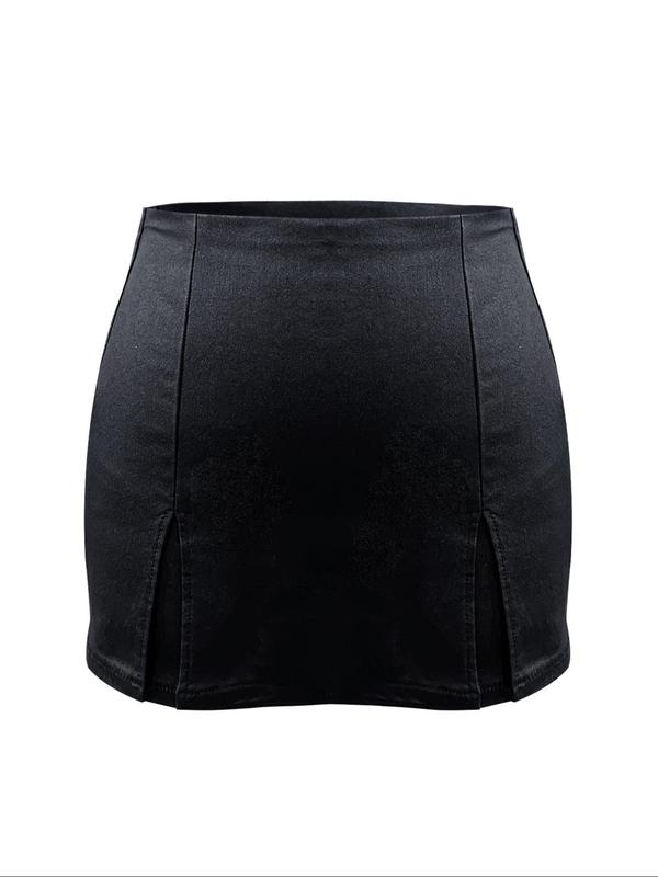 Women's Solid Split Hem Bodycon Skort, Fashion Casual Pu Leather Skort for Daily Outdoor Wear, Ladies Bottoms for All Seasons