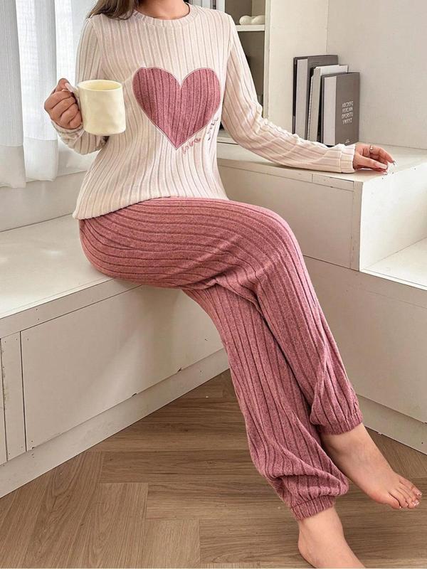 Two-Piece Set Women's Colorblock Heart Print Crew Neck Sweatshirt & Pants Plush Pajama, Casual Comfy Round Neck Long Sleeve Pullover & Trousers PJ Set, Ladies Sleepwear for Fall