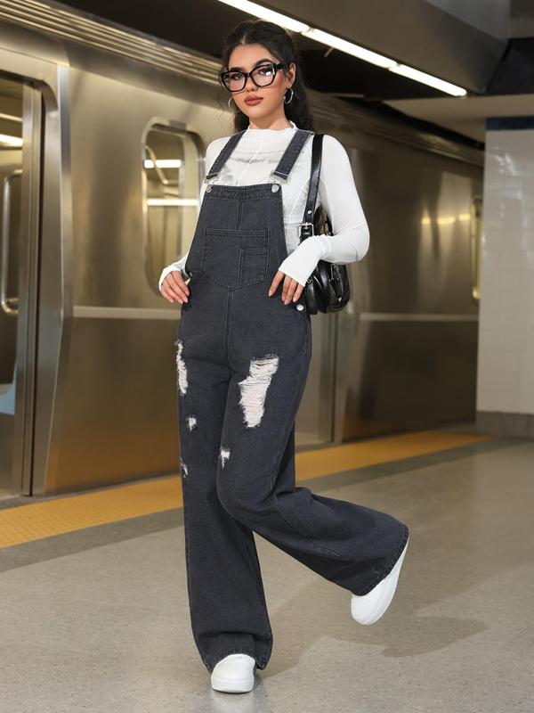 Women's Plain Ripped Button Overalls Jumpsuit, Casual Fashion Denim Overalls for Daily Wear, Ladies Clothes for All Seasons