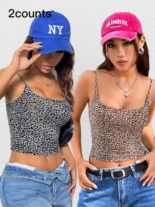 Women's Leopard Print Backless Crop Cami Top, Casual Spaghetti Strap Top for Summer, Ladies Clothes for Daily Wear, Experimental Outfits