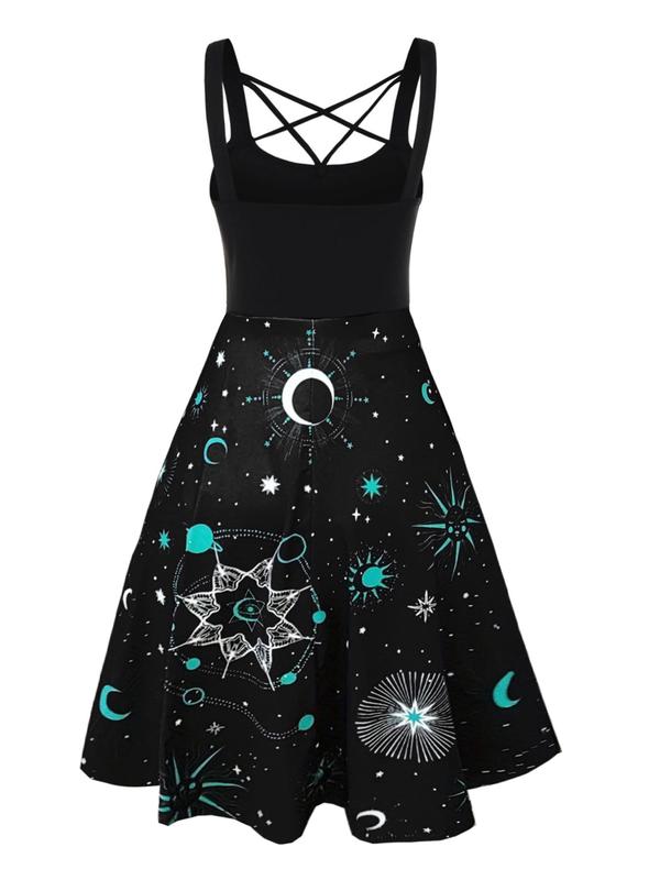 Women's Galaxy Print Lace Up Criss Cross A Line Dress, Punk Fashion Scoop Neck Sleeveless Dress for Party Holiday, Ladies All Seasons Clothes