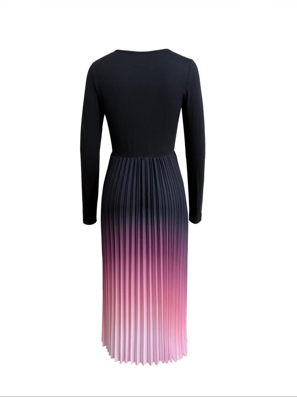 Women's Ombre Print Pleated A Line Dress, Elegant Long Sleeve Round Neck Midi Dress for Party Holiday Wedding Guest, Ladies Clothes for All Seasons