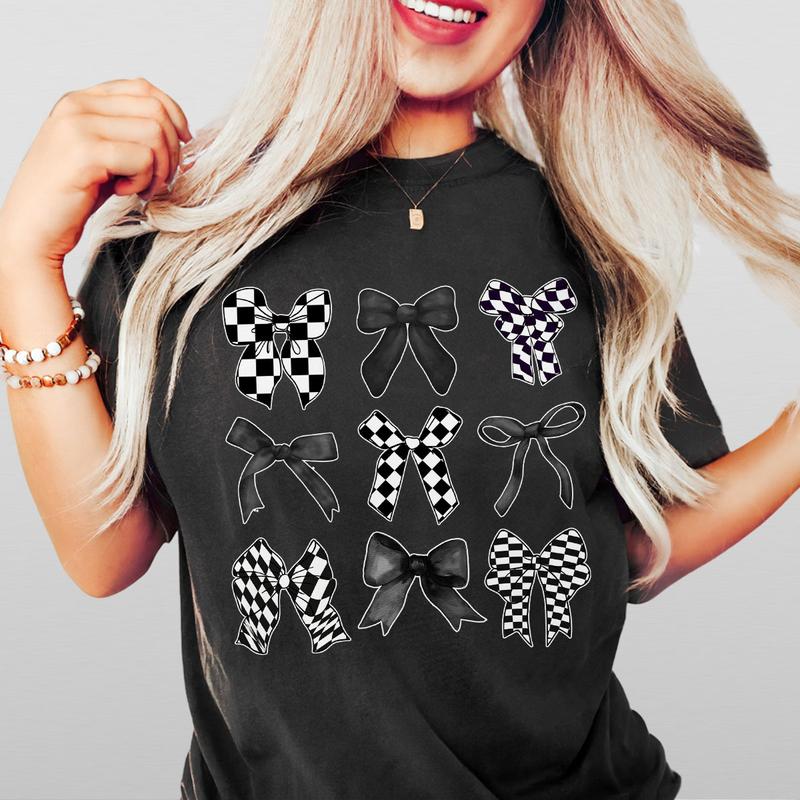 Coquette Checkered Black Bow Shirt, Black Bows Coquette Shirt, Gift for Her, Gift for Mom, T-Shirt for Women, Coquette Bows Checkered T-Shirt, Black Bows Tee, Vintage Coquette Aesthetic, Cute Ribbon TShirt, Checkered Coquette Tee Gifts, Comfort Top