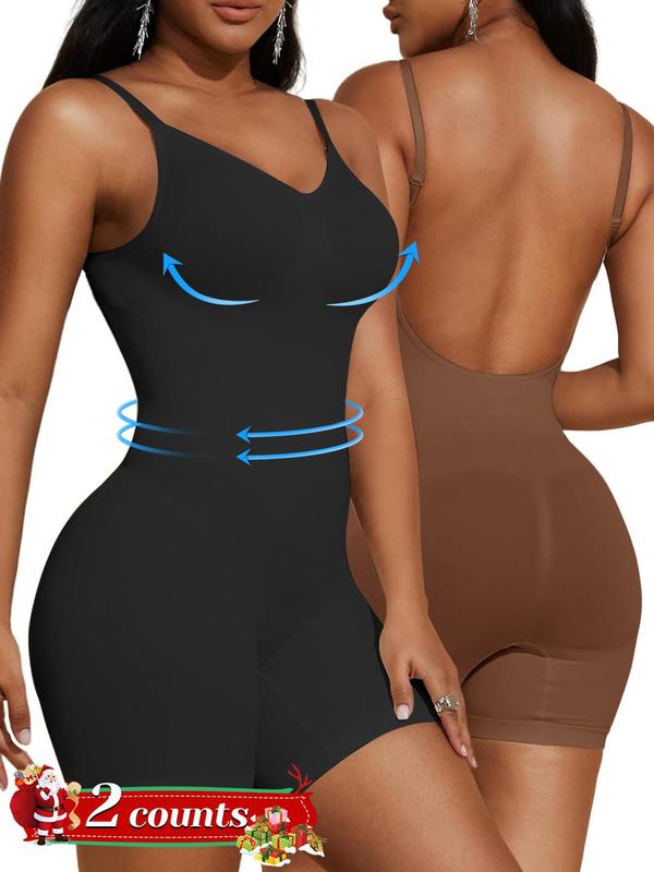 Women's Solid Backless Adjustable Strap Shapewear Bodysuit, Tummy Control Butt Lifting Seamless Shaper, Women's Shapewear for All Seasons, Fall Wear, Earthtone Fallfreshness