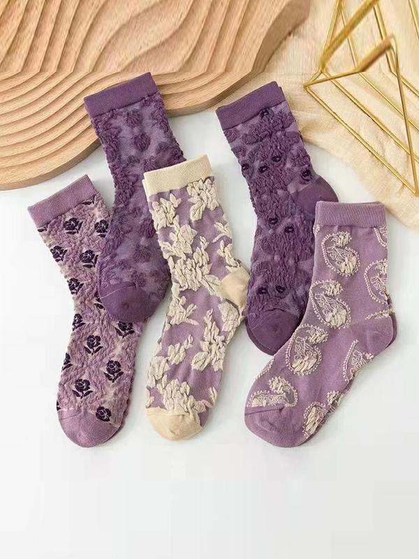 Women's 5 Pairs Floral Jacquard Crew Socks, Fashionable Vintage Cozy Socks for Daily Wear, Women Socks for All Seasons