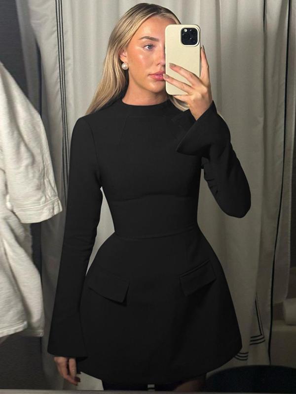 Women's Plain Split Sleeve A Line Long Sleeve Dress , Elegant Round Neck Short Split Sleeve Dress, Ladies Clothes for Work Office Business,  Business Dress  for Women, Summer Outfits 2024