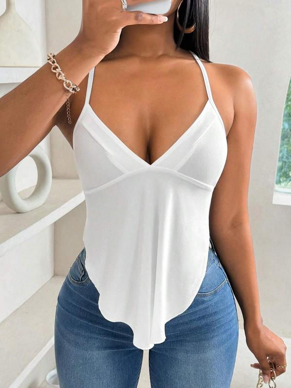 Women's Plain Lace Up Backless Asymmetrical Hem Cami Top, Casual Sleeveless V Neck Top for Summer, Ladies 90s Clothes for Daily Wear