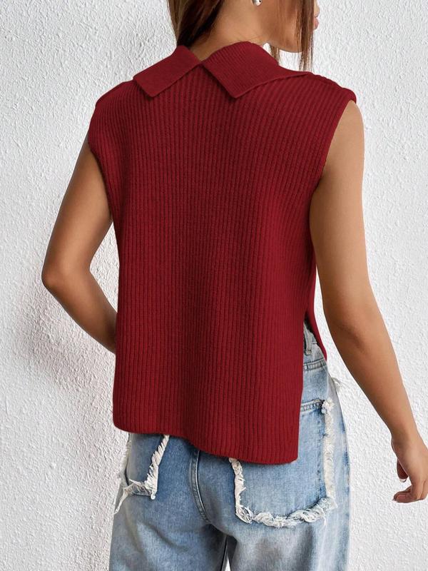 Women's Plain Split Hem Sweater Vest, Casual Solid Collar Sleeveless Knitwear Top for Summer, Knit Tank Tops for Women, Fashion Ladies' Knit Clothing for Daily Wear,  Downtown Girl Clothes