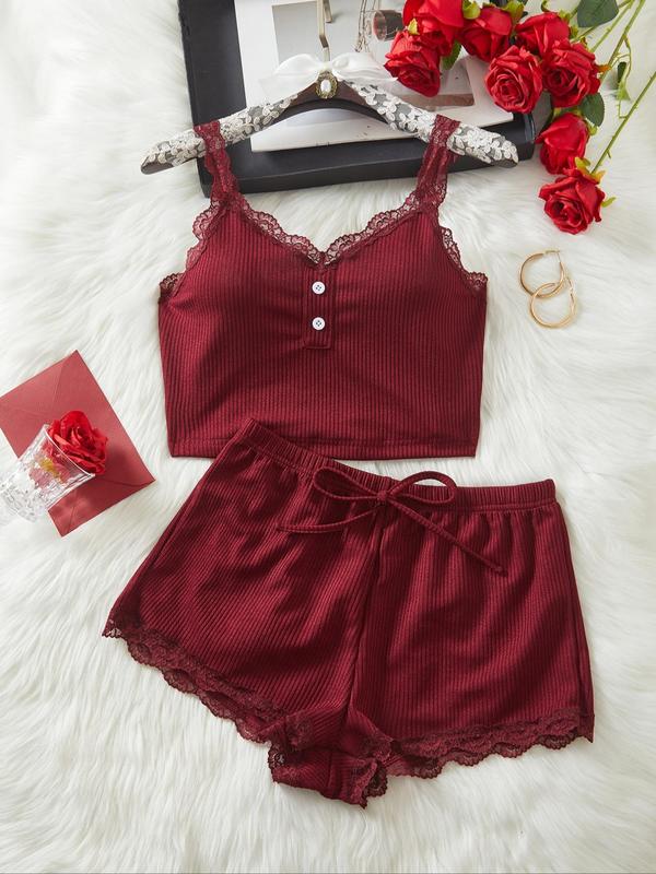 Two-Piece Set Women's Contrast Lace Crop Cami Top & Shorts Pyjama Set, Casual Comfy Camisole & Tie Front Shorts PJ Set, Ladies Sleepwear for All Seasons