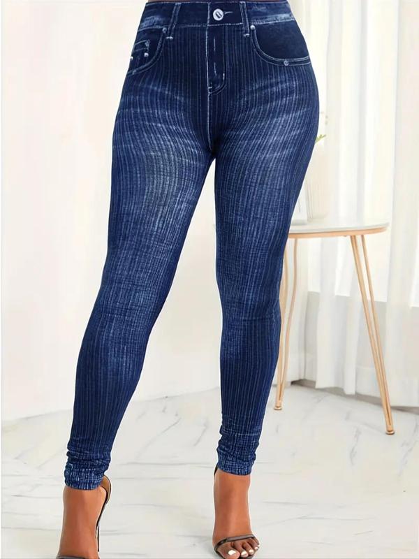 Women's Denim-Effect Print High Waist Vintage Leggings, Casual Comfy Elastic Waist Skinny Pants for Daily Wear, Ladies Bottoms for All Seasons