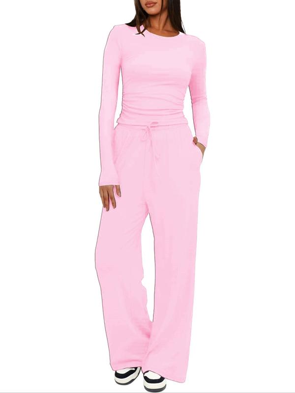 Two-piece Set Women's Solid Ruched Tee & Drawstring Pocket Pants Pajamas Set, Casual Long Sleeve T-shirt & Elastic Waist Trousers, Ladies Sleepwear for All Seasons