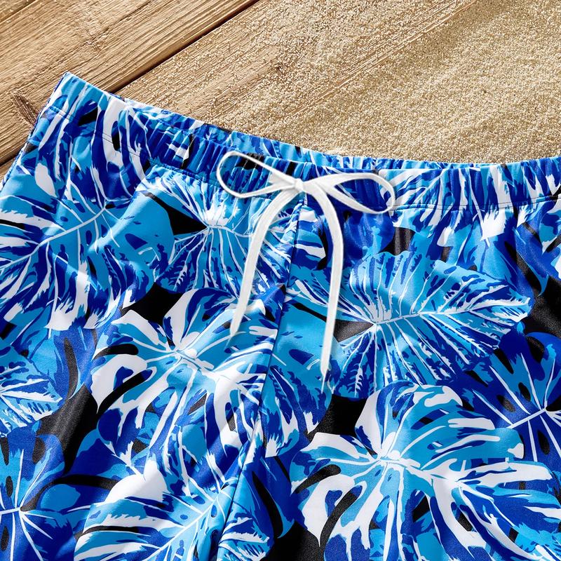 PatPat Family Matching Plant Print Swim Trunks and Blue Ruffle Trim Spliced One-piece Swimsuit