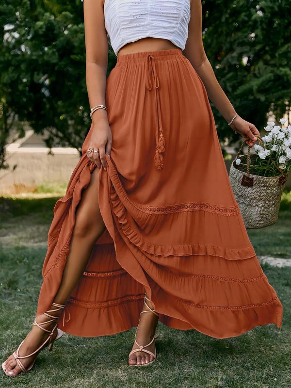 Women's Plain Tie Front Elastic Waist Ruffle Trim Skirt, Boho Long A Line Skirt, Skirt for Women, Ladies Summer Clothes for Holiday Vacation Daily Wear