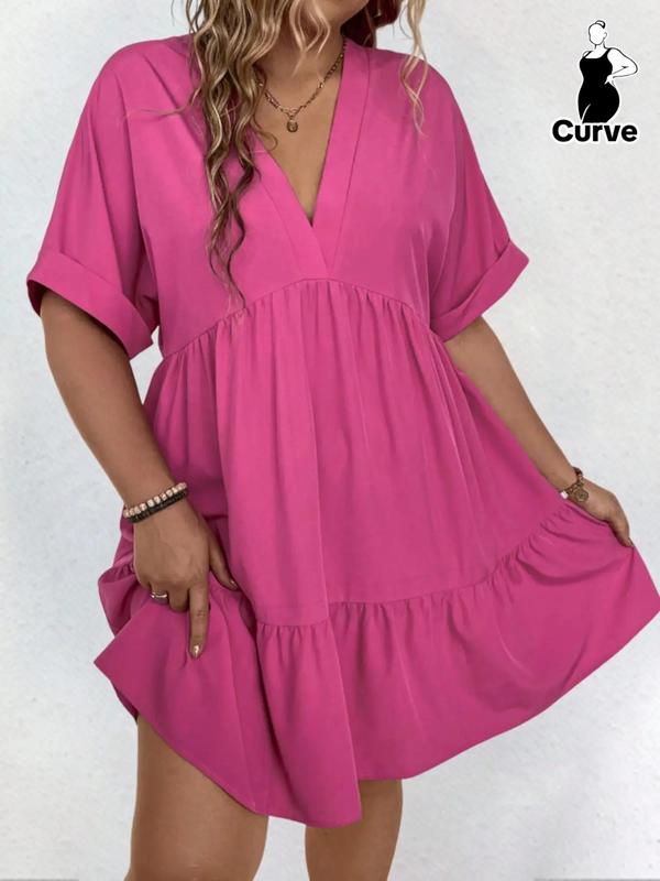  Plain V Neck Batwing Sleeve Ruffle Hem Smock Dress, Casual Short Sleeve V Neck Dress for Daily Outdoor Wear, Summer Casual Wear Clothes, Women Back To School Clothing for All Seasons, Summer Dresses 2024, Dresses for Women