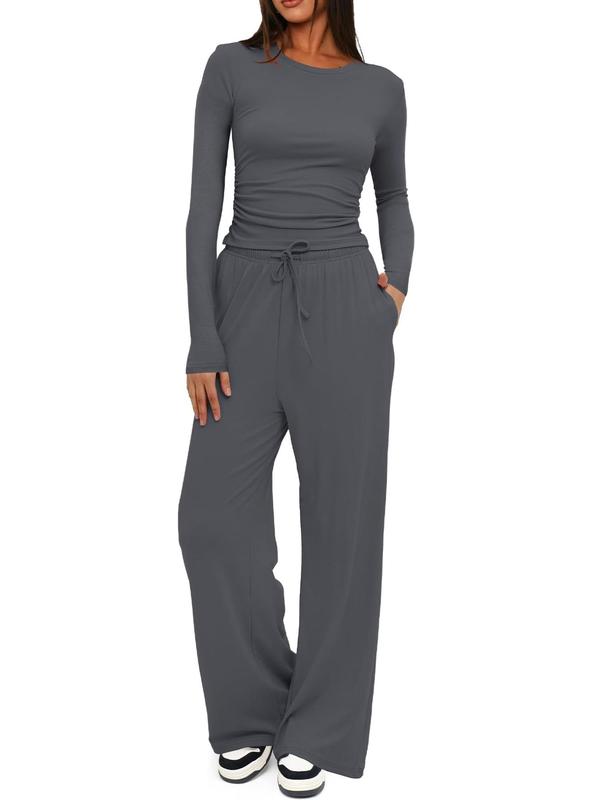 Two-piece Set Women's Solid Ruched Tee & Drawstring Pocket Pants Pajamas Set, Casual Long Sleeve T-shirt & Elastic Waist Trousers, Ladies Sleepwear for All Seasons